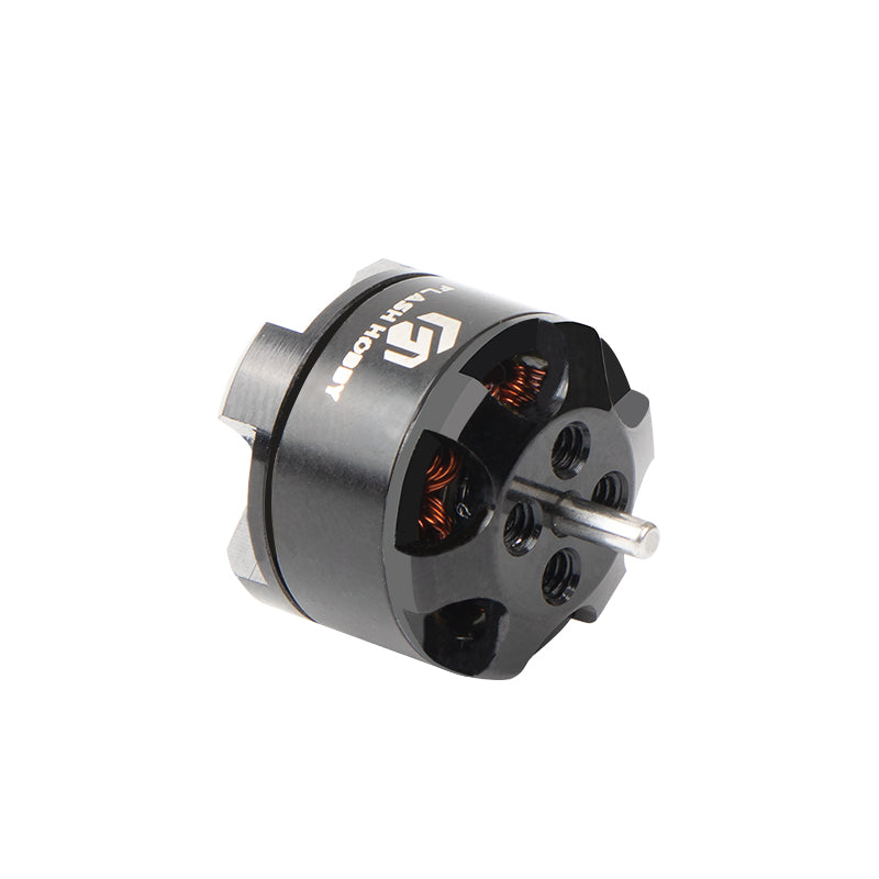Flashhobby BE 1104 brushless DC motor with black housing, exposed copper windings, and front shaft mounting holes
