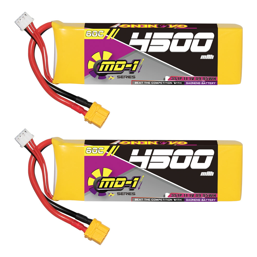 Two views of the 3S 4500mAh LiPo battery showing the XT60 connector and balance lead