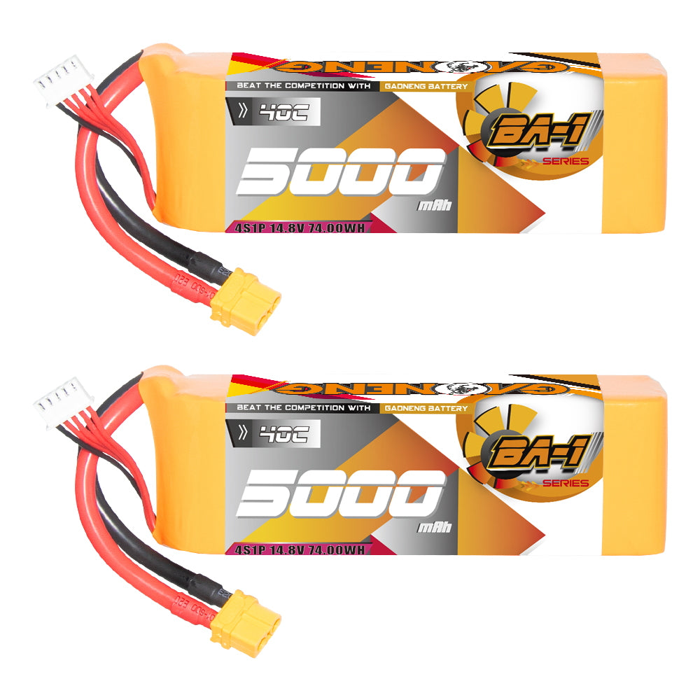 Top and bottom views of GNB BA-1 5000mAh LiPo pack showing label and XT60 discharge connector