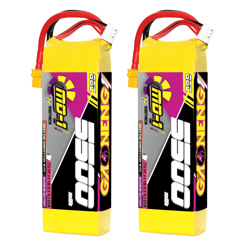 Two GNB MD-1 5500mAh LiPo batteries shown upright with XT60 connector and balance plug