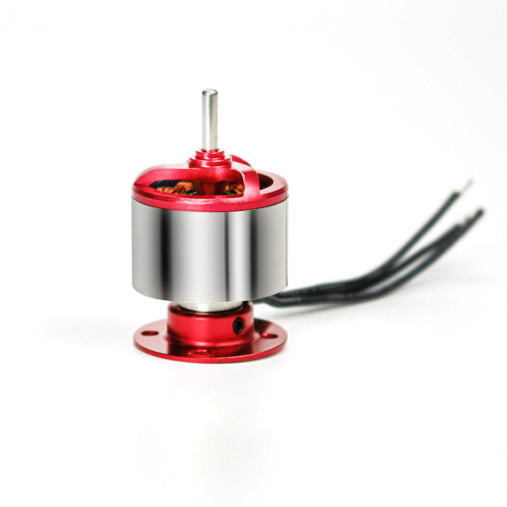 EMax CF2215 2200KV brushless motor upright view with mounting base and lead wires