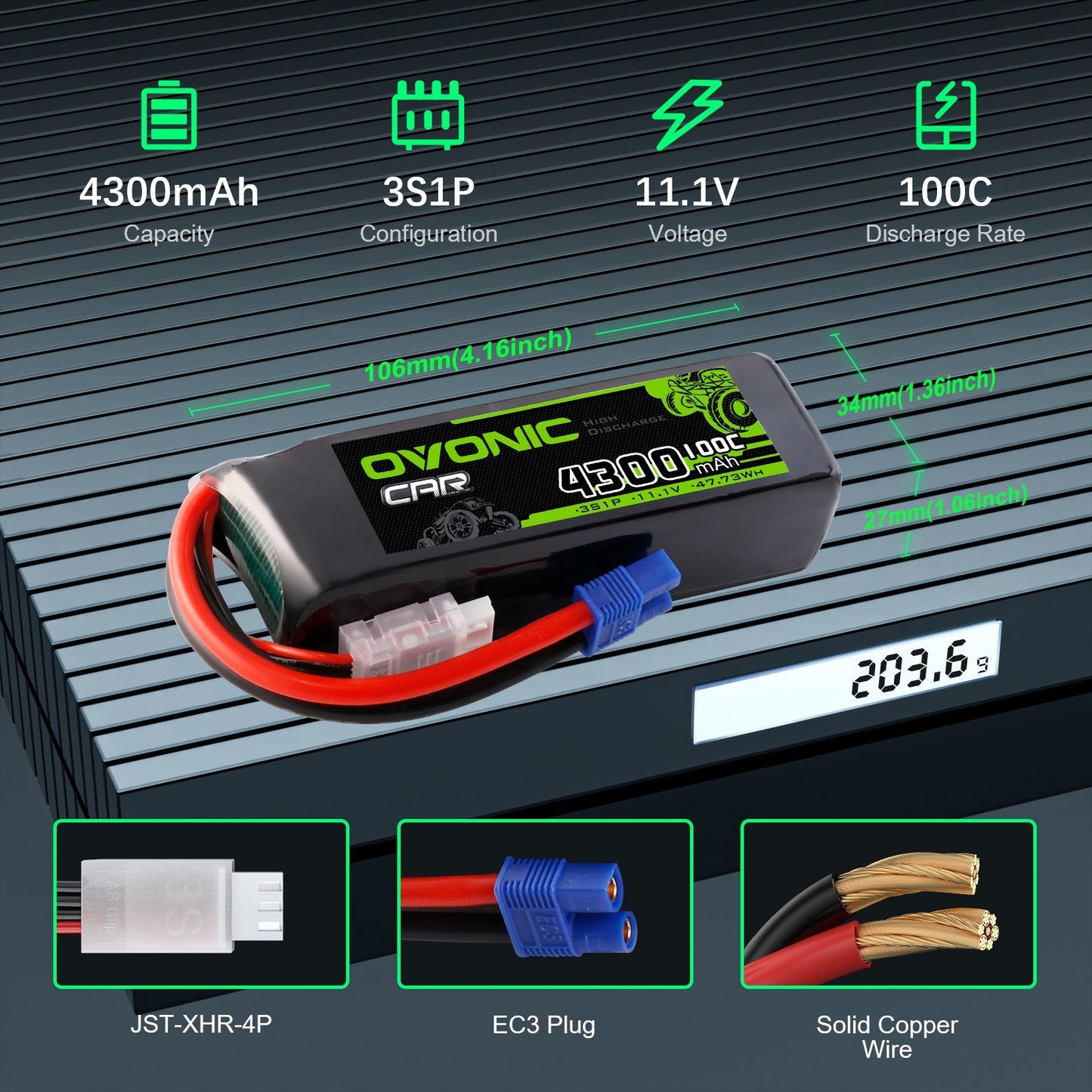 Ovonic 3S 4300mAh 11.1V 100C LiPo battery dimensions and connector diagram (EC3, JST-XHR-4P)