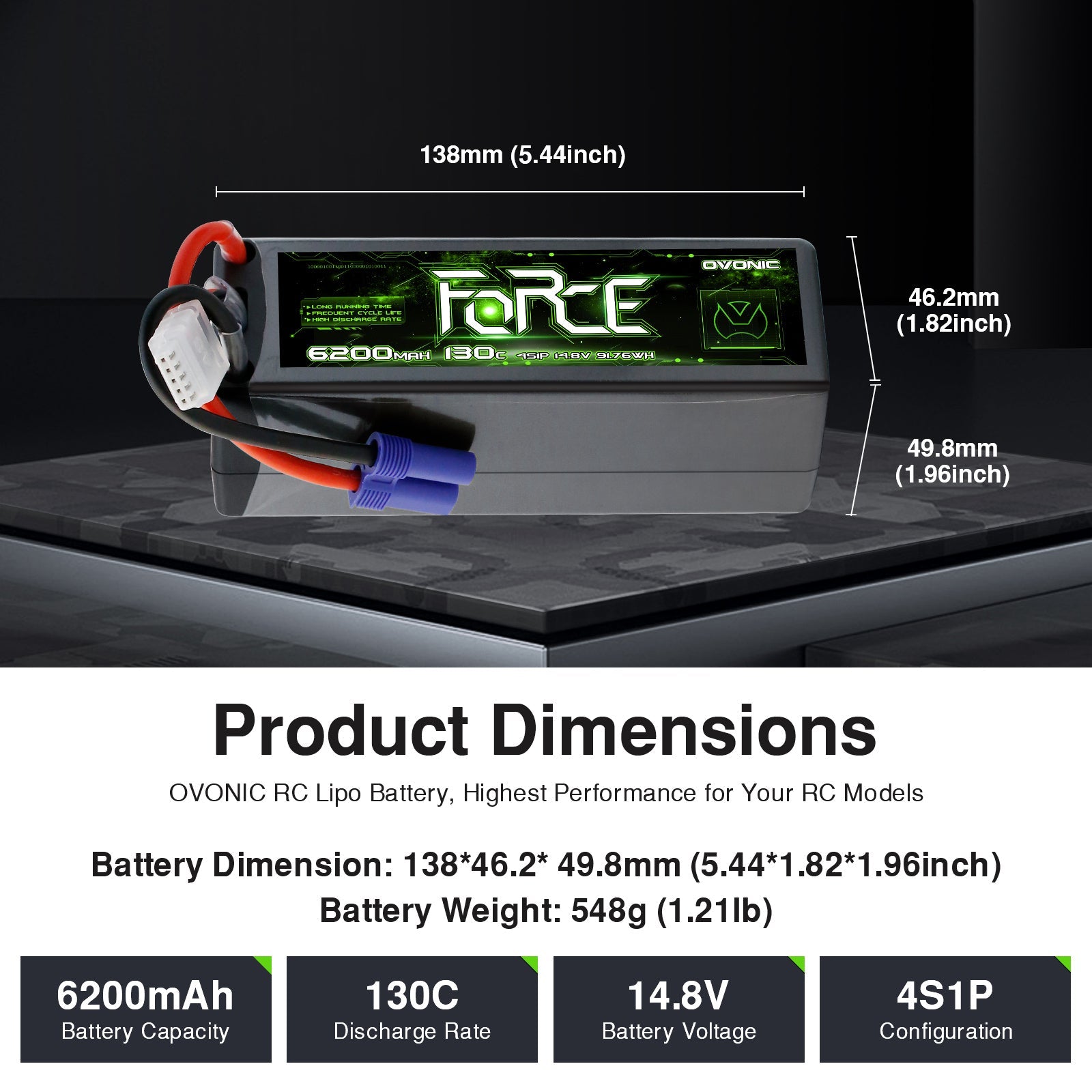 Ovonic Force 4S 6200mAh 14.8V hardcase LiPo battery with dimensions 138×46.2×49.8mm and 548g