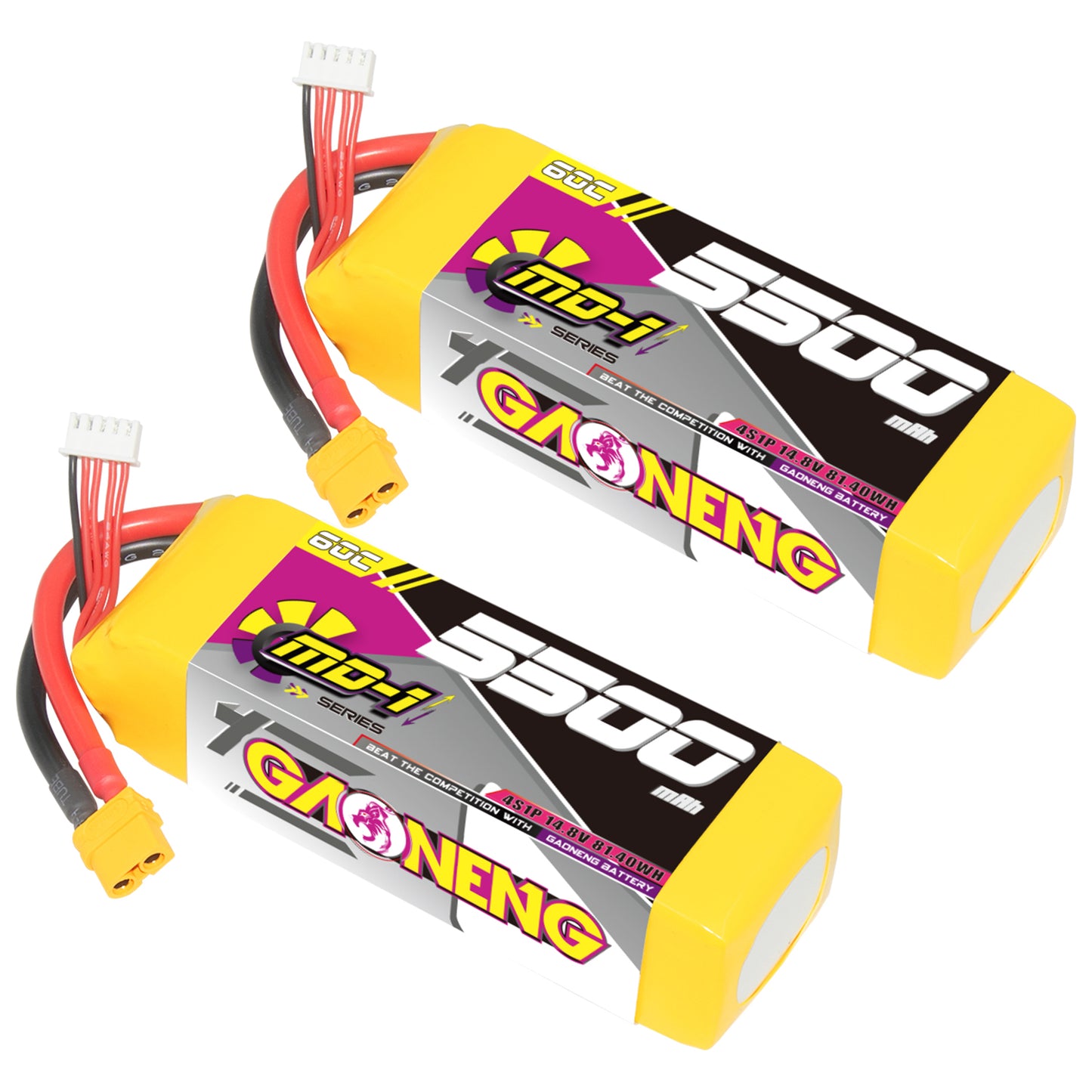 Two GAONENG GNB MD-1 5500mAh LiPo batteries shown together, yellow pack with XT60 connectors