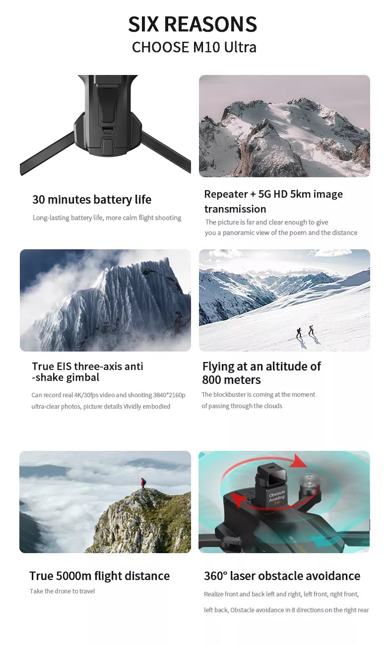 M10 Ultra Drone 4K HD Profesional GPS 3-Axis EIS Wifi Quadcopter 5KM Distance 800M Brushless Professional Camera Drone 8 M10 Ultra Drone, M1O can record real 4K/30fps video and shooting 3840*