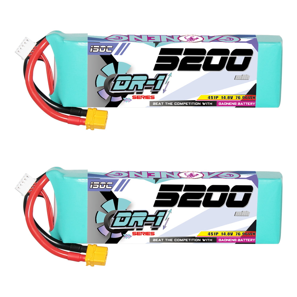 GNB DR-1 Series 5200mAh 4S LiPo battery label side shown in two horizontal views with XT60 connector