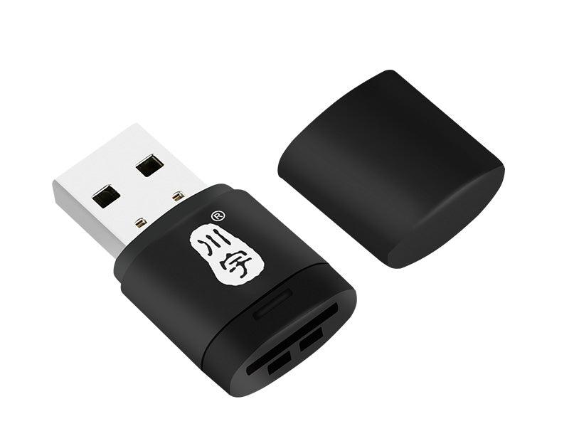 USB 2.0 Micro SD/TF card reader adapter with cap removed, showing USB-A plug and card slots