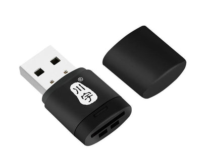 USB 2.0 Micro SD/TF card reader adapter with cap removed, showing USB-A plug and card slots