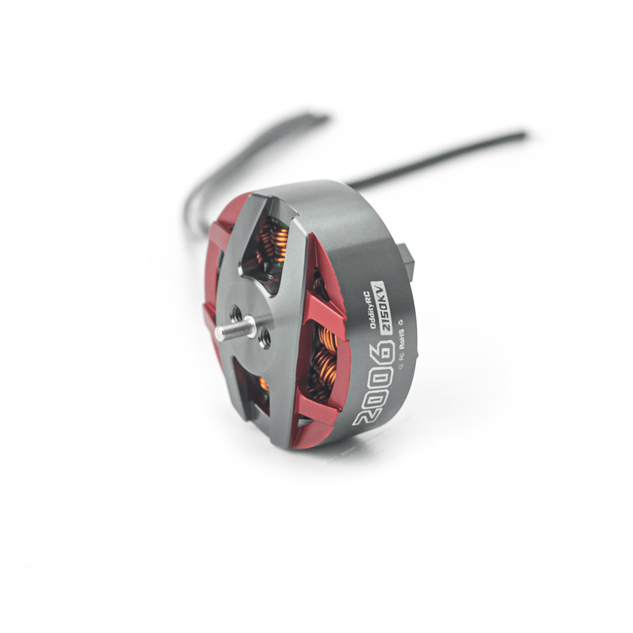 Angled side view of Spinnybois 2006 brushless motor with shaft, red frame, and wire lead