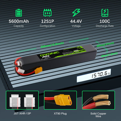 Specs graphic showing 12S1P 44.4V 5600mAh 100C, 320×52×48mm size, 1570.5g, XT90 and JST-XHR-13P