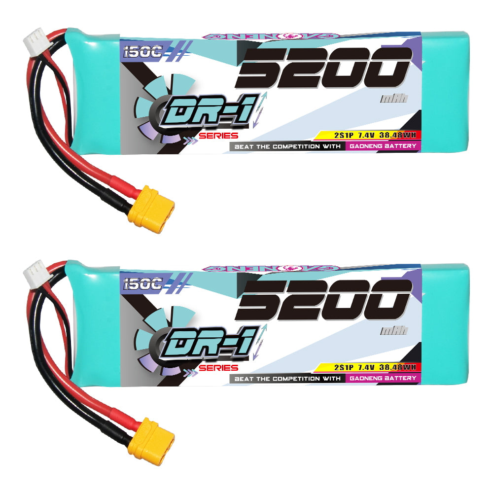 Two GNB DR-1 5200mAh 2S 150C LiPo batteries shown front label side with XT60 leads