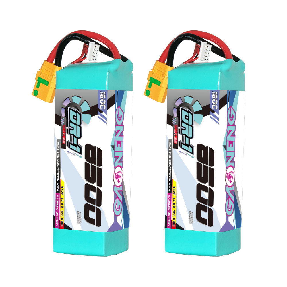 Two GAONENG GNB 8500mAh 4S LiPo batteries with XT90S connectors, front label view