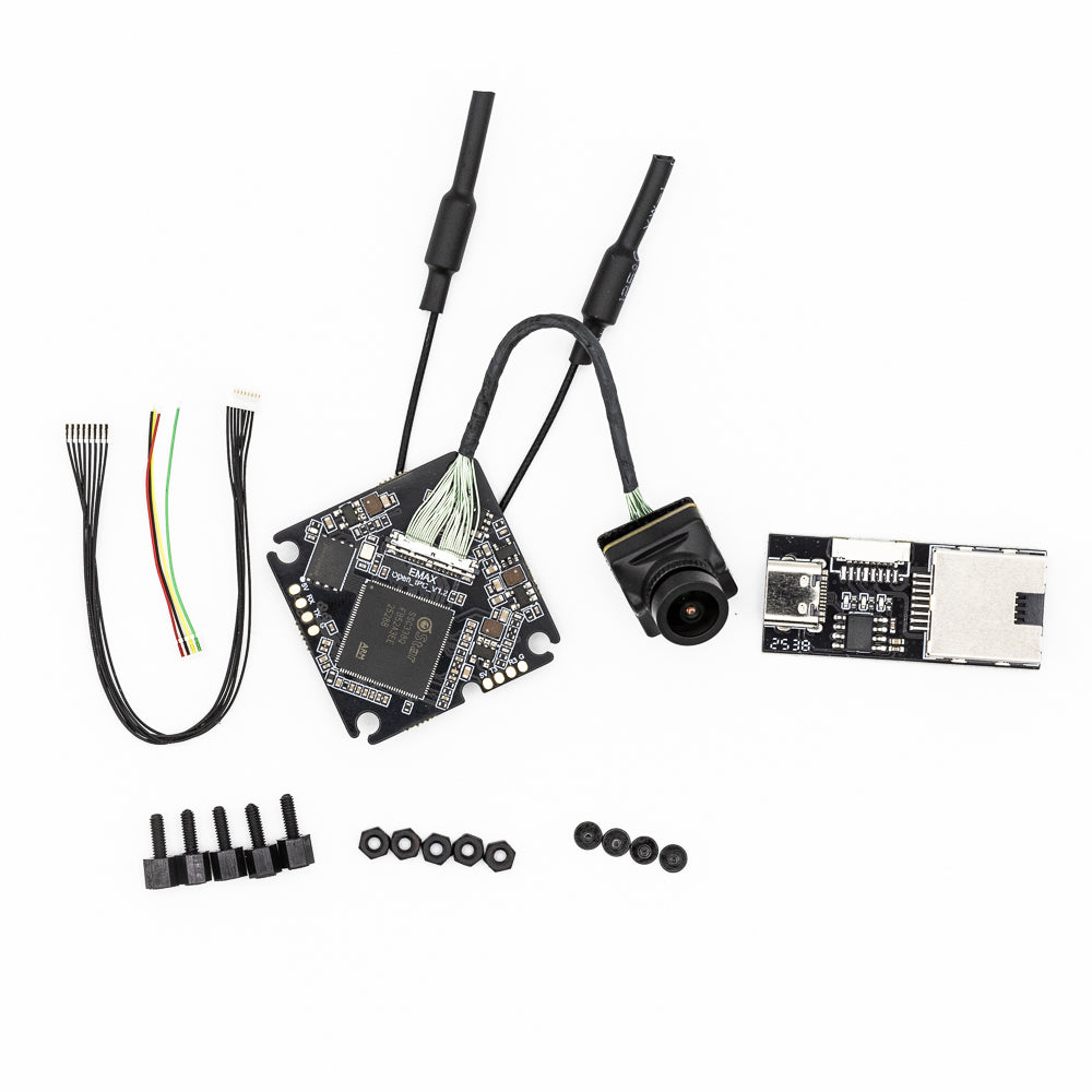 EMAX OpenIPC Wyvern Link Alpha 200mW VTX kit layout with camera, antennas, cables, standoffs and nuts