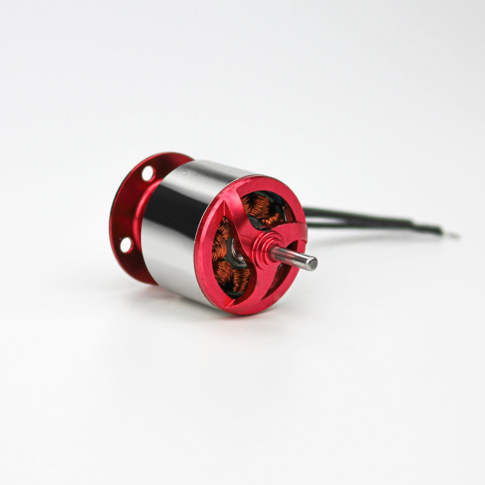 Angled front view of red and silver outrunner motor showing shaft and copper windings