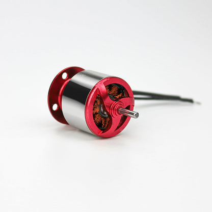 Angled front view of red and silver outrunner motor showing shaft and copper windings