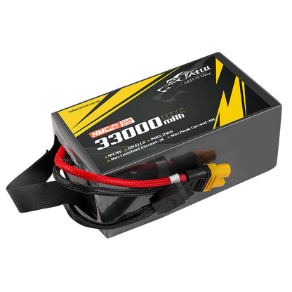 Tattu 12S1P 33000mAh 44.4V 10C LiPo battery with 350Wh/kg energy density, AS150U-F plug, 1465.2Wh capacity, max 3C continuous and 10C peak discharge current.