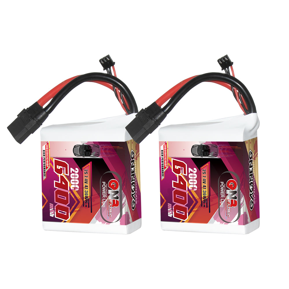 Two GNB 2S 6400mAh 200C LiPo battery packs side by side with XT90 connectors
