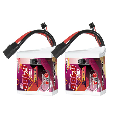 Two GNB 2S 6400mAh 200C LiPo battery packs side by side with XT90 connectors