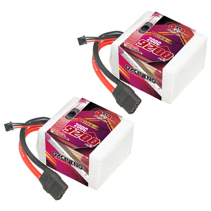 Two GNB 9200mAh 2S LiPo batteries shown together with XT90 connectors and balance leads