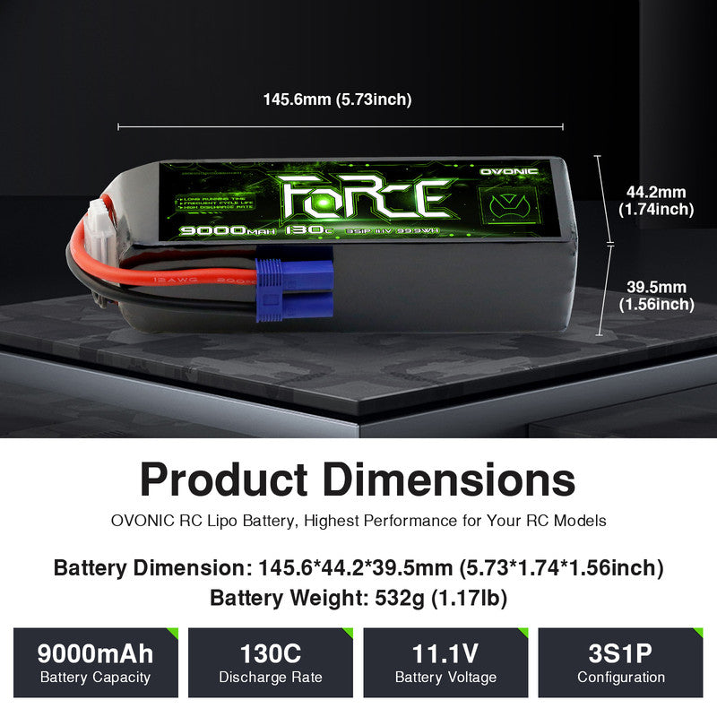 Ovonic Force 3S 9000mAh 130C 11.1V LiPo battery dimensions 145.6×44.2×39.5mm, weight 532g