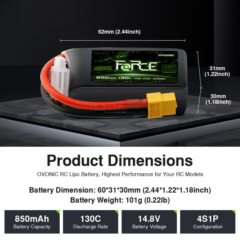 Ovonic Force 4S 850mAh 130C 14.8V LiPo battery dimensions 62×31×30mm and 101g weight graphic