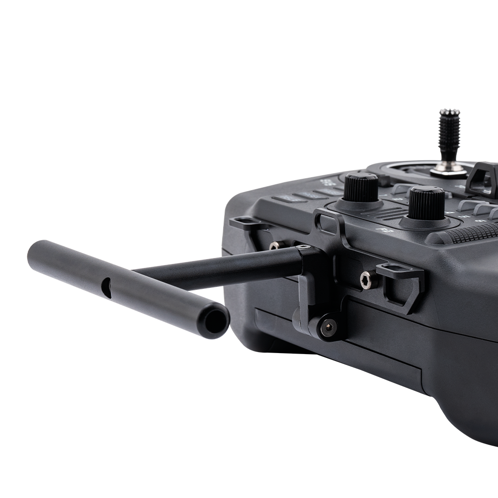 GX12 radio controller shown with aluminum multi-stand handle bar installed in front mounting position