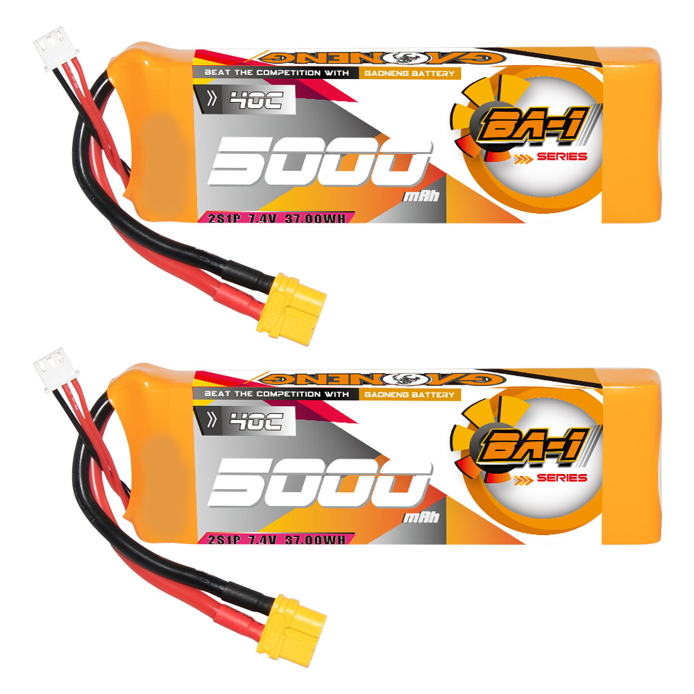 BA-1 series 2S 5000mAh LiPo battery front label shown, XT60 discharge plug attached