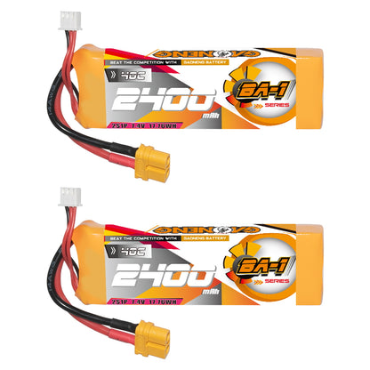 GAONENG GNB BA-1 2S 7.4V 2400mAh 40C LiPo battery with XT60 plug and balance lead, 2-pack view