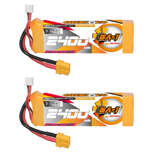 GAONENG GNB BA-1 2S 7.4V 2400mAh 40C LiPo battery with XT60 plug and balance lead, 2-pack view