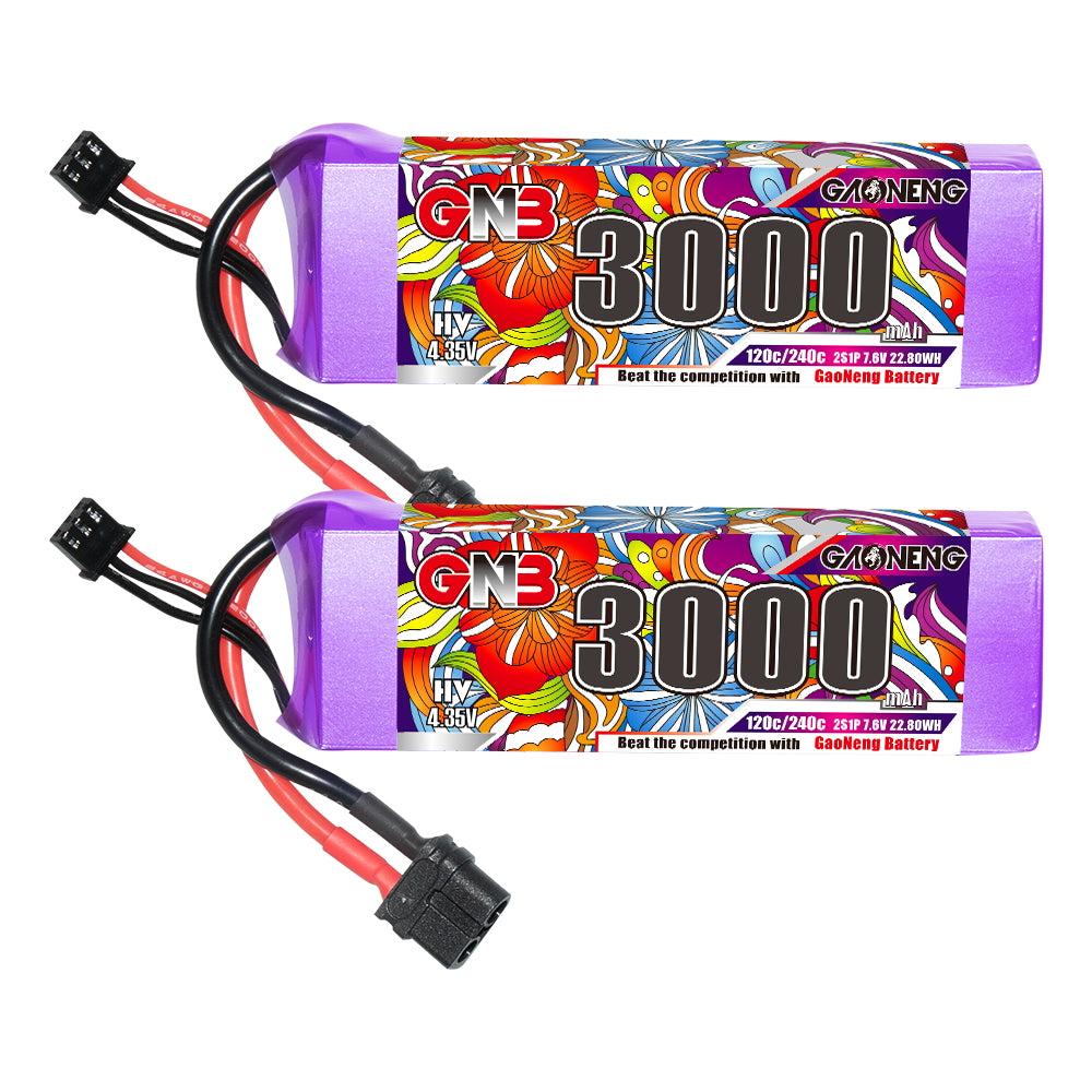 GNB 2S LiHV 7.6V 3000mAh 120C LiPo battery pack with XT60 connector, label side view
