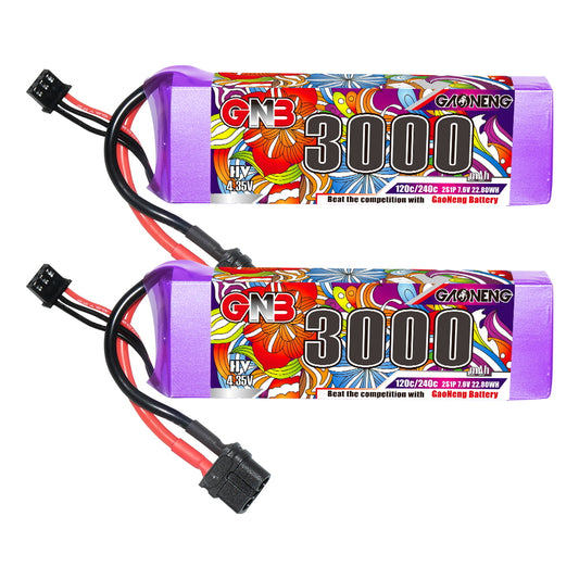 GNB 2S LiHV 7.6V 3000mAh 120C LiPo battery pack with XT60 connector, label side view