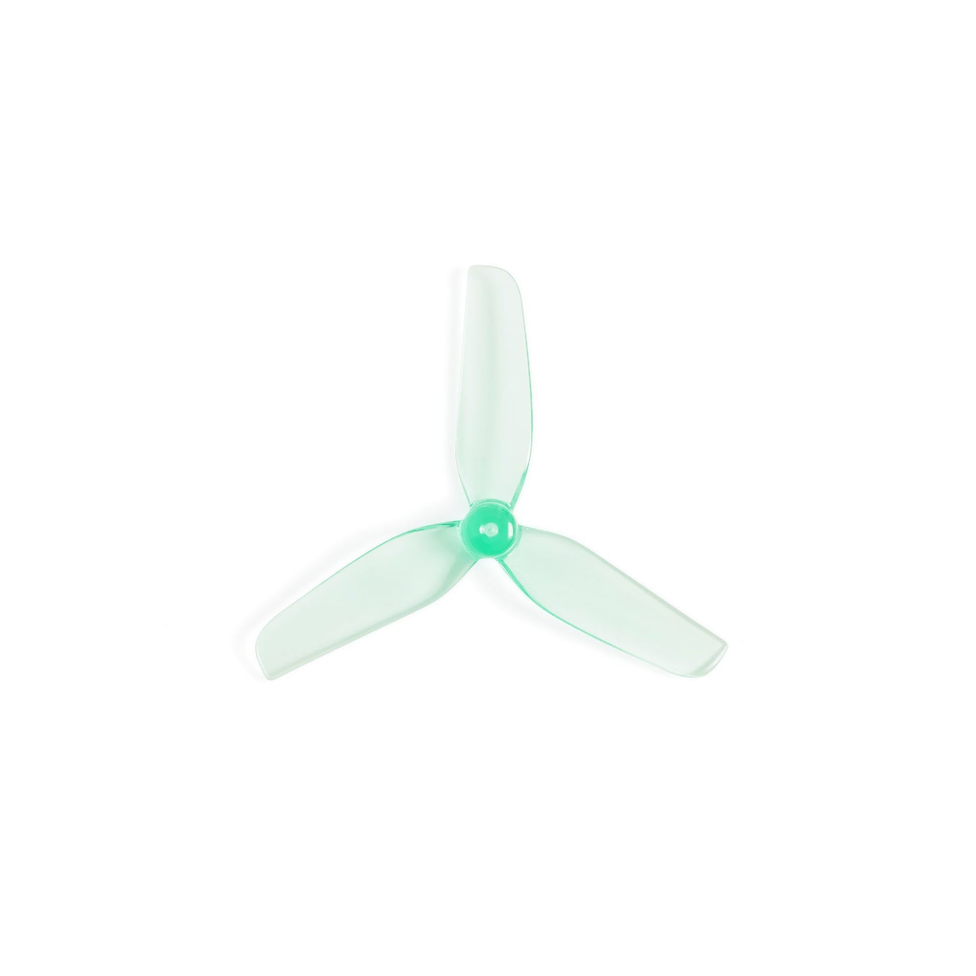 HQ 51mm 3-blade propeller in translucent aquamarine, top view showing hub and three blades