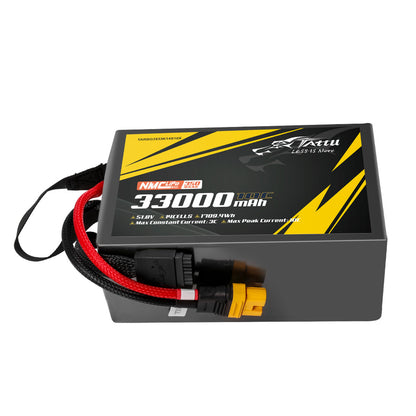 Tattu 33000mAh 14S1P LiPo battery, 51.8V, 1709.4Wh, NMC, 350Wh/kg, AS150U-F plug, max 3C continuous/10C peak current.