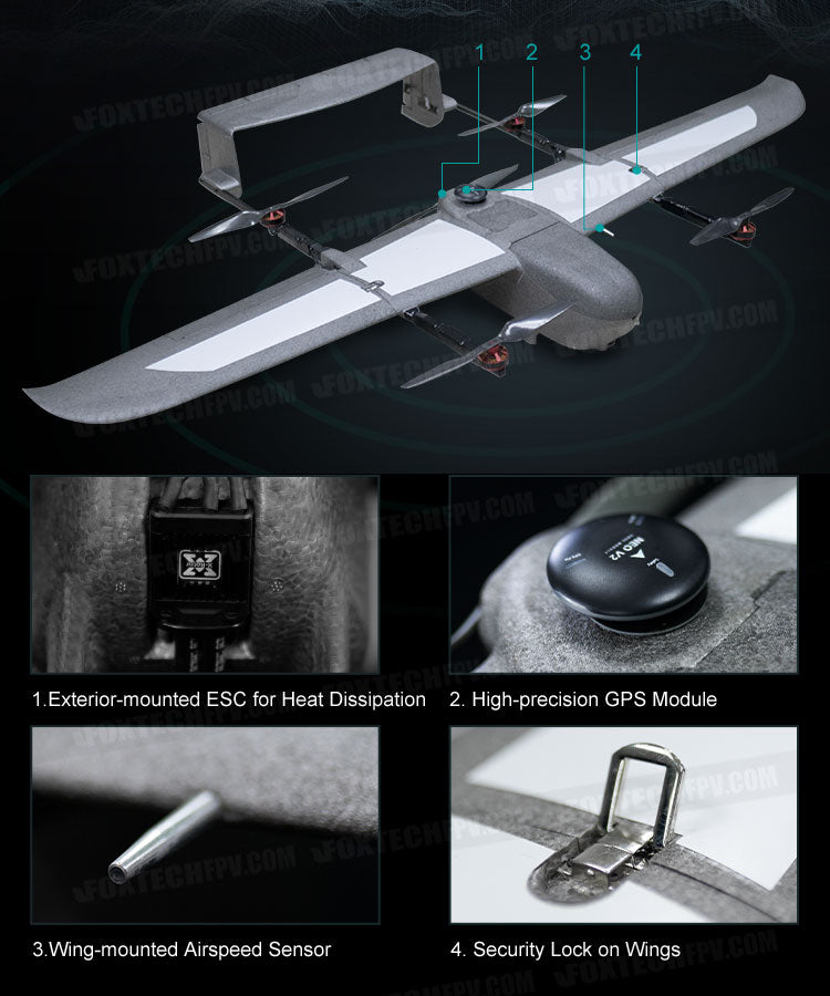 Foxtech Loong 170 VTOL, High-tech drone features advanced components for efficient flight and security.