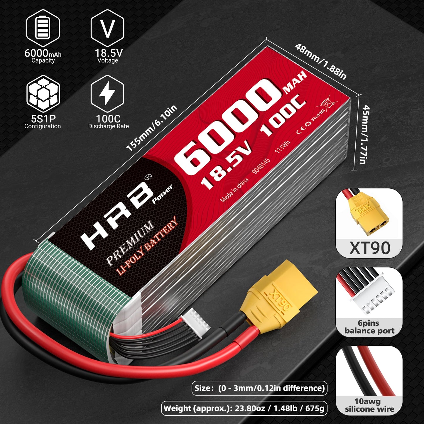 HRB 6000mAh 18.5V 100C LiPo battery dimensions and connector details, XT90 and 6-pin balance port