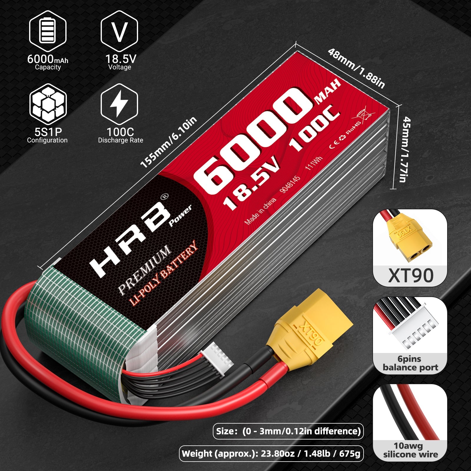 HRB 6000mAh 18.5V 100C LiPo battery dimensions and connector details, XT90 and 6-pin balance port