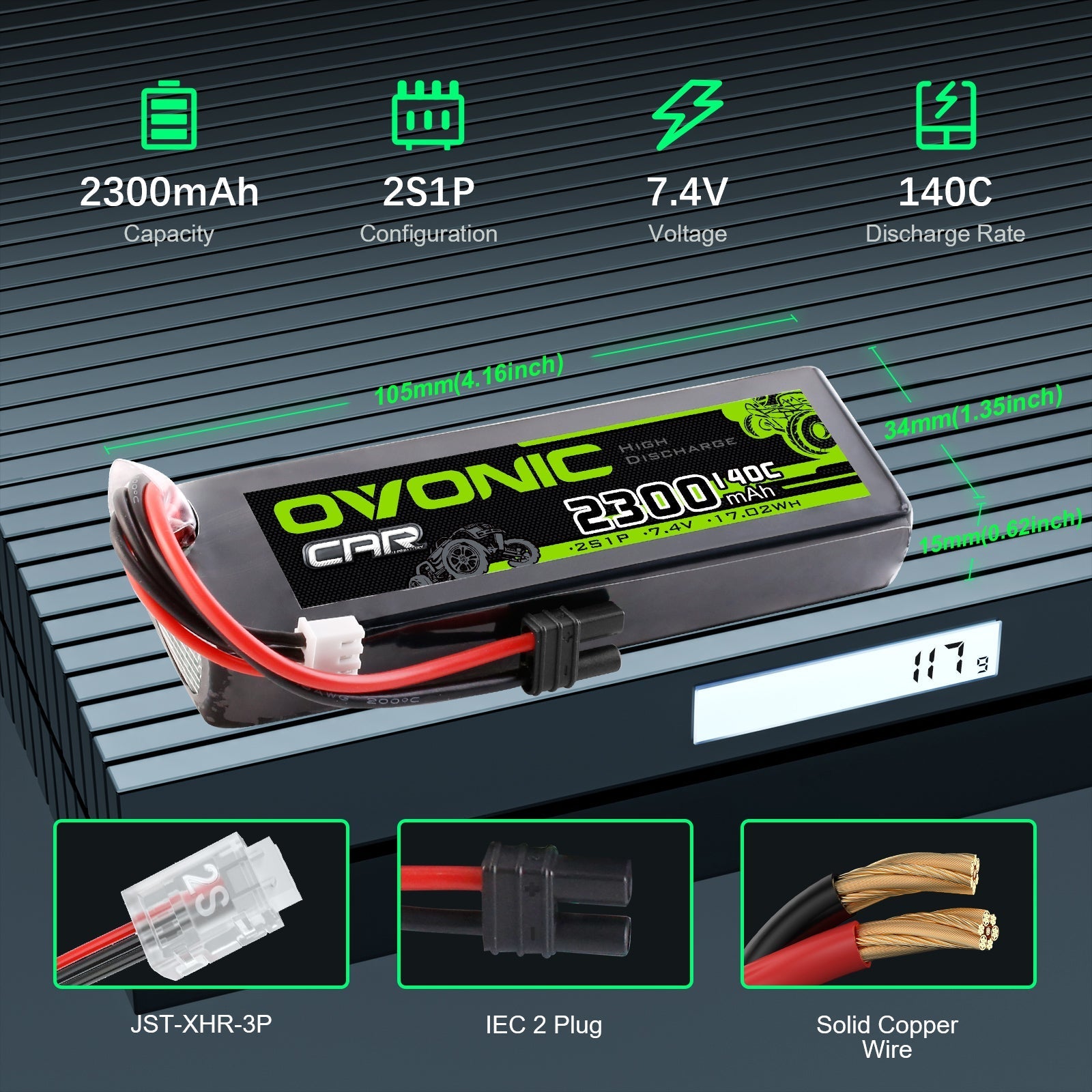 Specs and dimensions graphic for Ovonic 2S 2300mAh 7.4V LiPo, showing JST-XHR-3P and IEC 2 plug