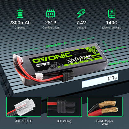 Specs and dimensions graphic for Ovonic 2S 2300mAh 7.4V LiPo, showing JST-XHR-3P and IEC 2 plug