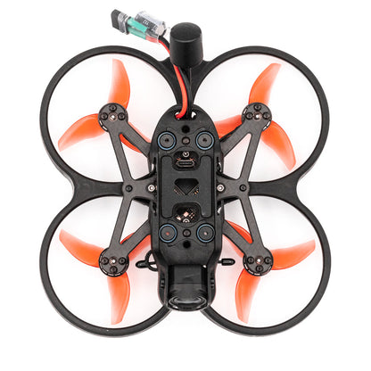 Top-down view of Cinehawk Mini ducted quad showing frame layout, four ducts, and orange propellers