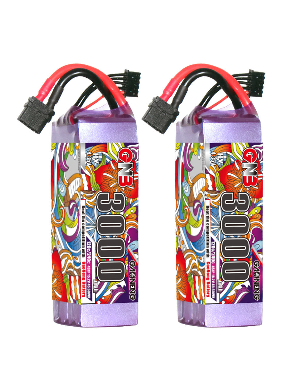 Two GNB 3000mAh LiHV 4S LiPo batteries shown upright with XT60 connectors