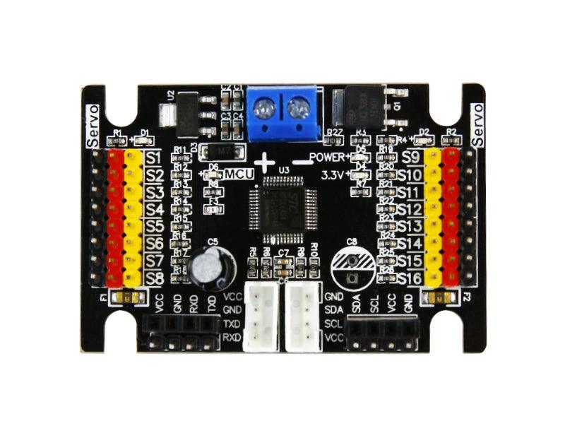 Yahboom 16-Channel PWM servo controller board front view with S1–S16 headers and screw power terminal