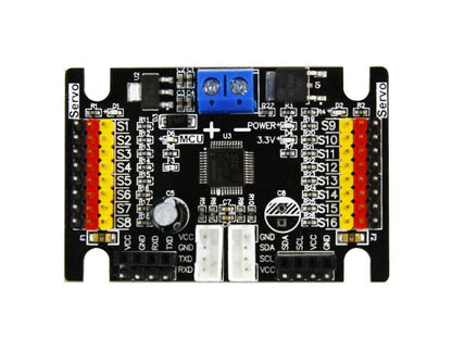 Yahboom 16-Channel PWM servo controller board front view with S1–S16 headers and screw power terminal