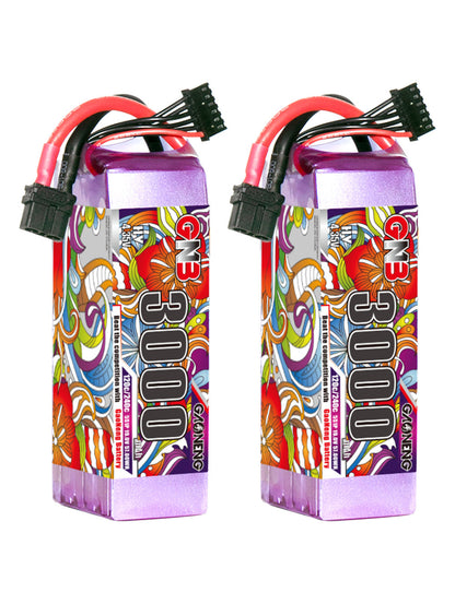 Two GNB 3000mAh LiHV battery packs standing upright with XT60 discharge leads and balance connectors