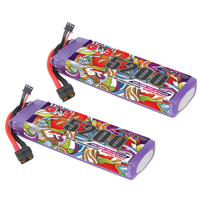 Two GAONENG GNB 5200 LiHV 2S battery packs shown with XT60 discharge plug and balance lead