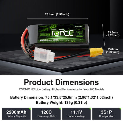 Ovonic Force 3S 2200mAh 11.1V short LiPo battery dimensions 75.1×33.5×25.8mm, XT60 lead