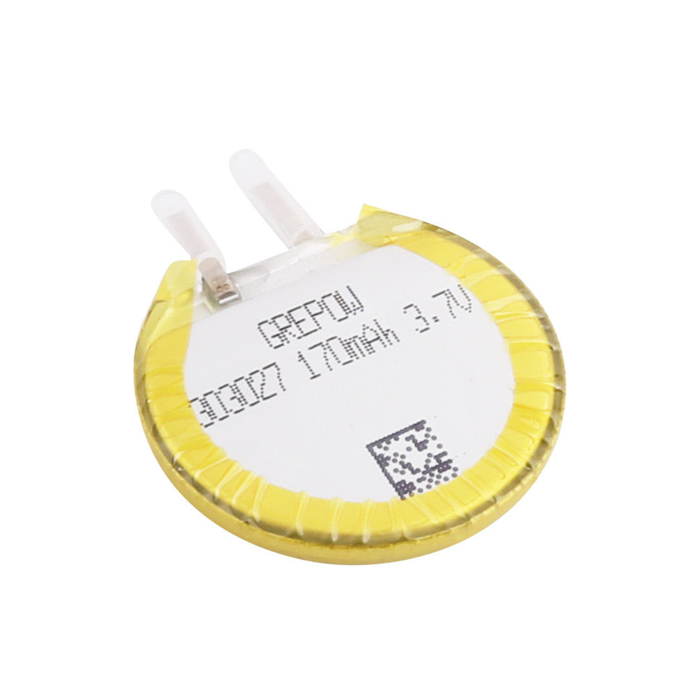Grepow 3030027 3.7V 170mAh 1S1P LiPo Battery, Grepow 3030027 round 1S LiPo battery labeled 170mAh 3.7V, with solder tabs and QR code