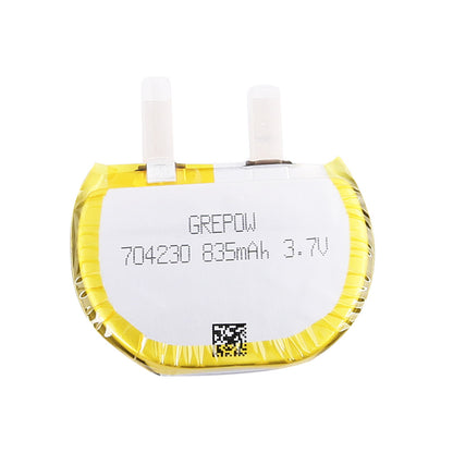 Grepow 7042030 3.7V 835mAh LiPo Battery, Grepow 7042030 LiPo battery pack labeled 835mAh 3.7V with dual top terminals and yellow pouch wrap