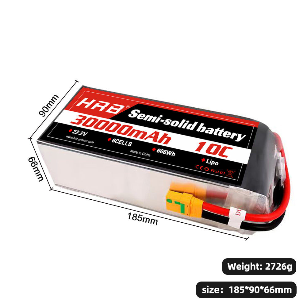 HRB 30000mAh 6S semi-solid LiPo battery size diagram showing 185×90×66mm and 2726g weight