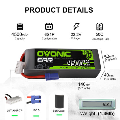 Ovonic 6S 4500mAh 22.2V 50C LiPo battery product details graphic with dimensions, weight, EC5 and JST-XHR leads