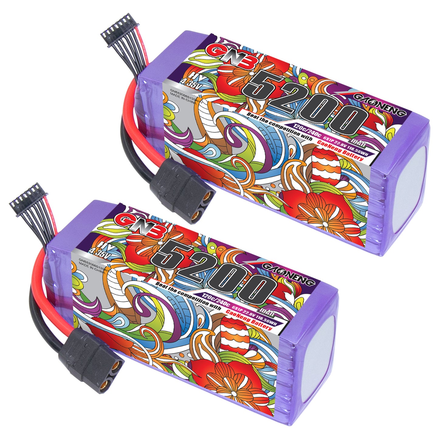 Two GAONENG GNB 5200mAh 6S LiHV LiPo packs shown side by side with XT90 connectors
